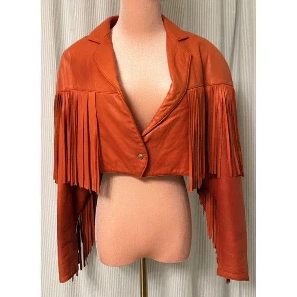 VTG North Beach Leather Women's Size Small 5/6 Cropped Red Fringe Leather Jacket - Picture 1 of 14